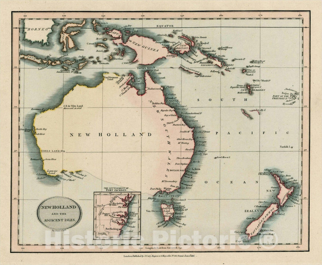 Historic Map : New Holland and the Adjacent Isles (includes New Zealand), 1816, John Cary, Vintage Wall Art