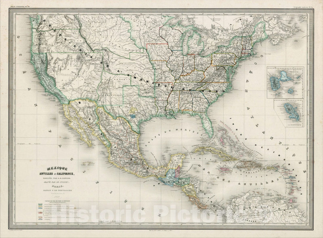 Historic Map : Mexique, Antilles et Californie, 1858 (shows Texas Colonies), 1858, Adolphe Hippolyte Dufour, Vintage Wall Art