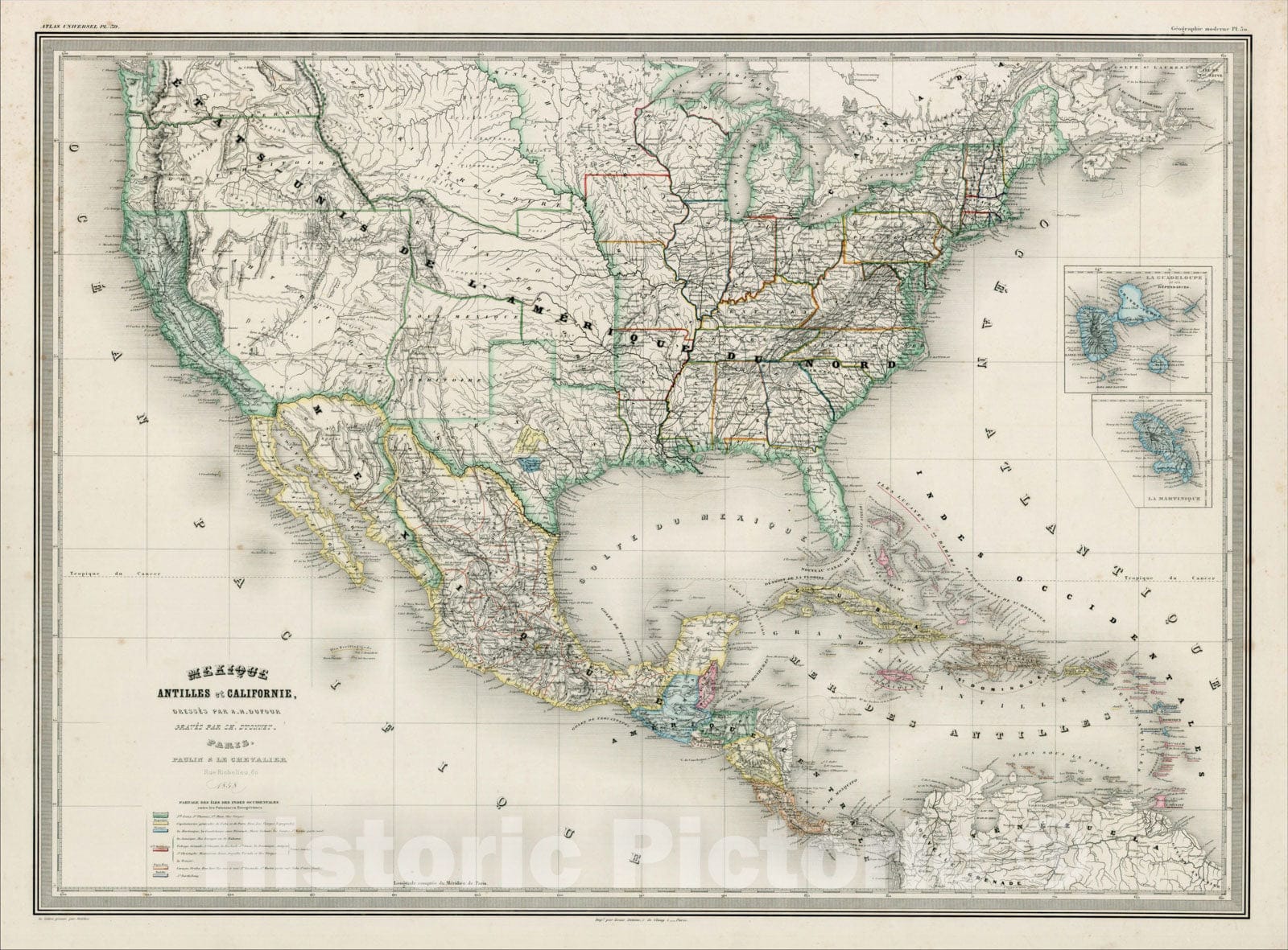 Historic Map : Mexique, Antilles et Californie, 1858 (shows Texas Colonies), 1858, Adolphe Hippolyte Dufour, Vintage Wall Art