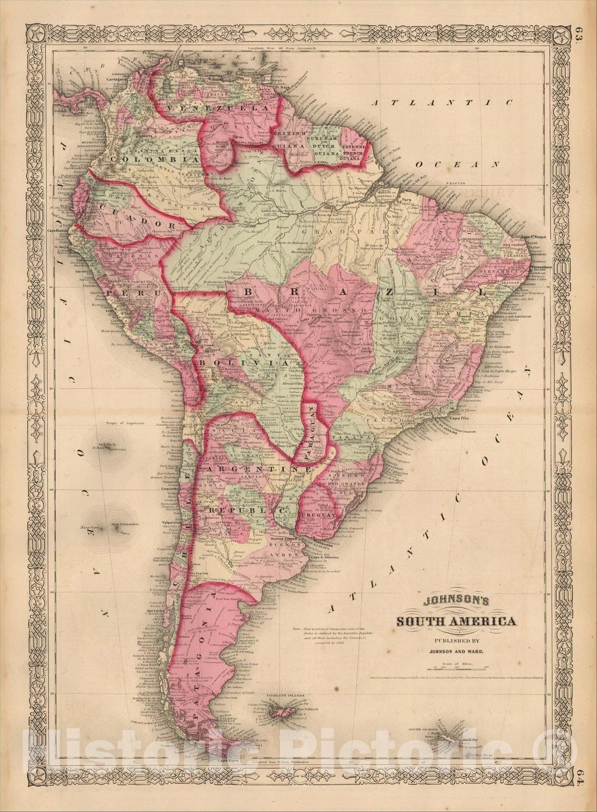 Historic Map : Johnson's South America, 1863, Benjamin Ward, Vintage Wall Art