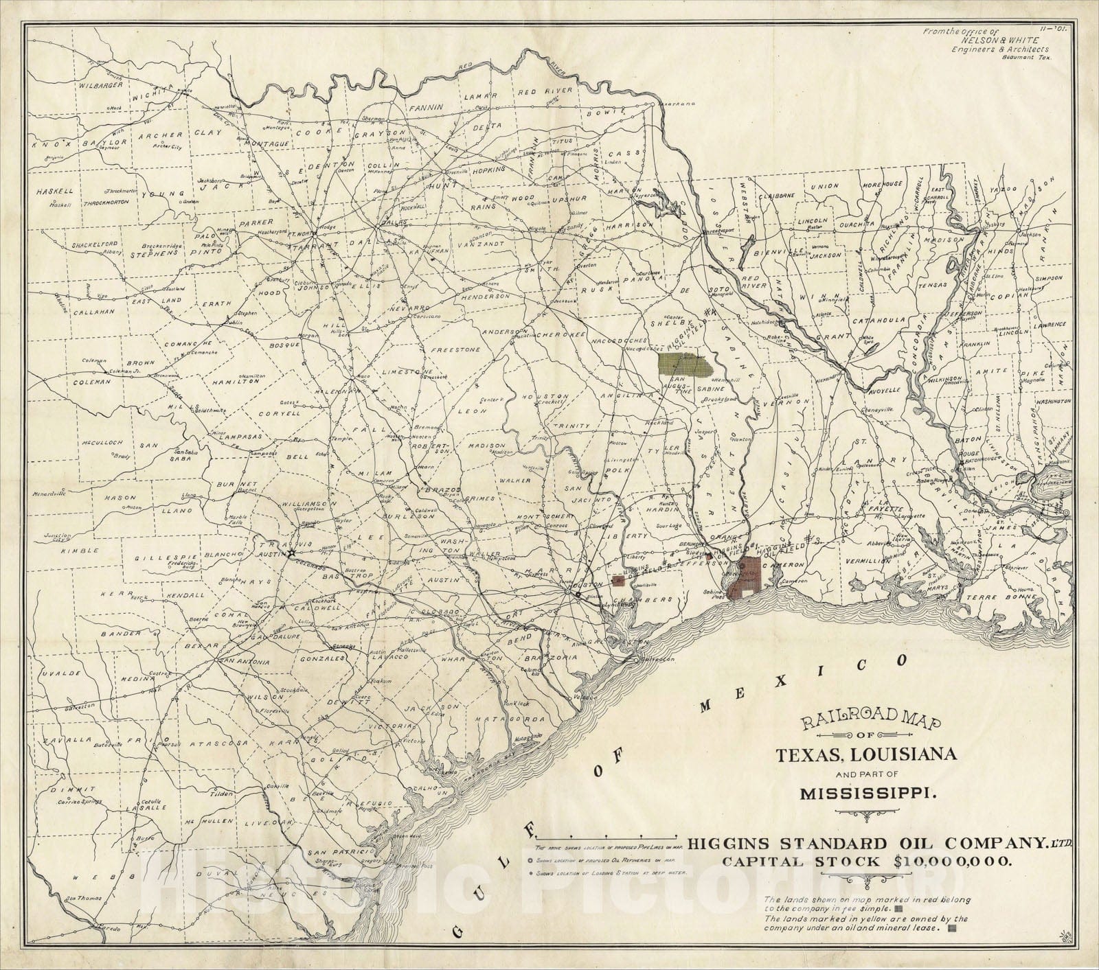 Historic Map : Railroad Map of Texas, Louisiana and Part of Mississippi. Higgins Standard Oil Company Ltd. L'td. Capital Stock $1,., 1901, , Vintage Wall Art