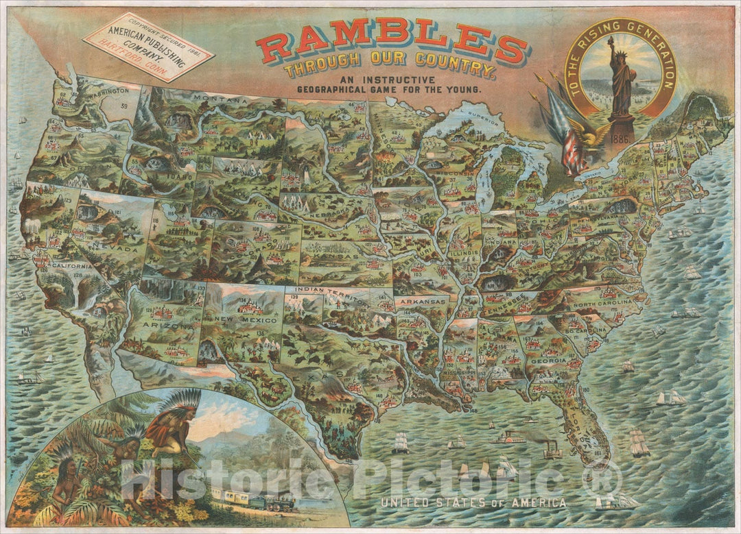 Historic Map : Rambles Through Our Country. An Instructive Geographical Game For The Young, 1886, 1881, American Publishing Co., Vintage Wall Art