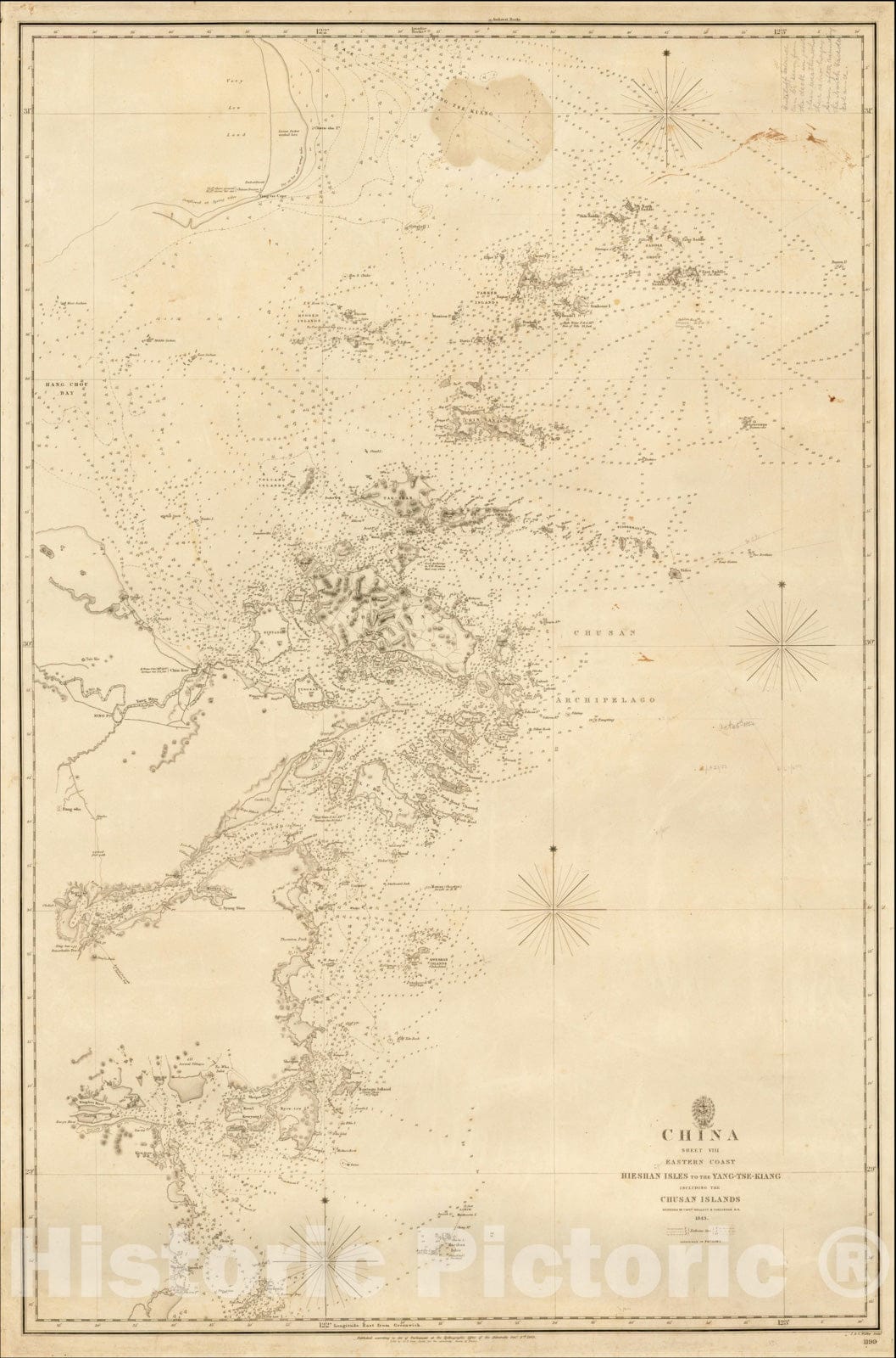 Historic Map : China Sheet VIII Eastern Coast Hieshan Isles to the Yang-Tse-Kiang Including the Chusan Islands, 1849, Vintage Wall Art