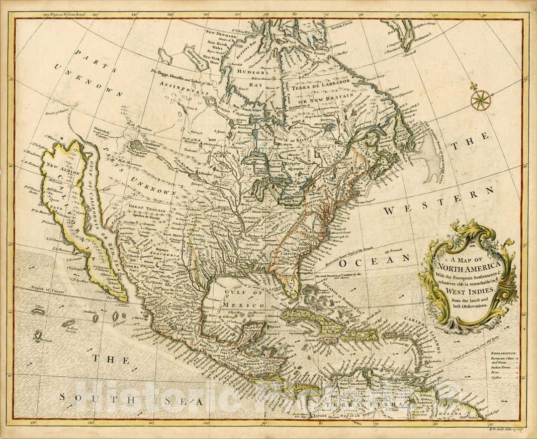 Historic Map : A Map of North America With the European Settlements & whatever else is remarkable in ye West Indies, 1745, , Vintage Wall Art