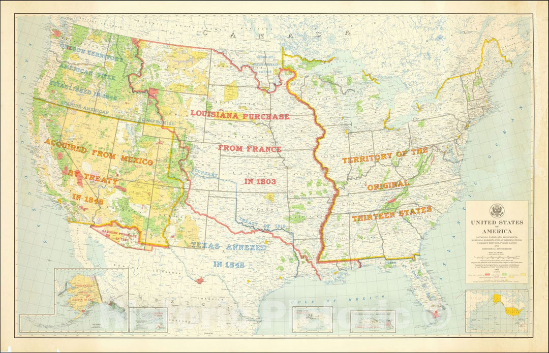 Historic Map : United States of America National Parks and Monuments, National Forests, Indian Reservations, Wildlife Refuges, Public Lands, 1964, Vintage Wall Art