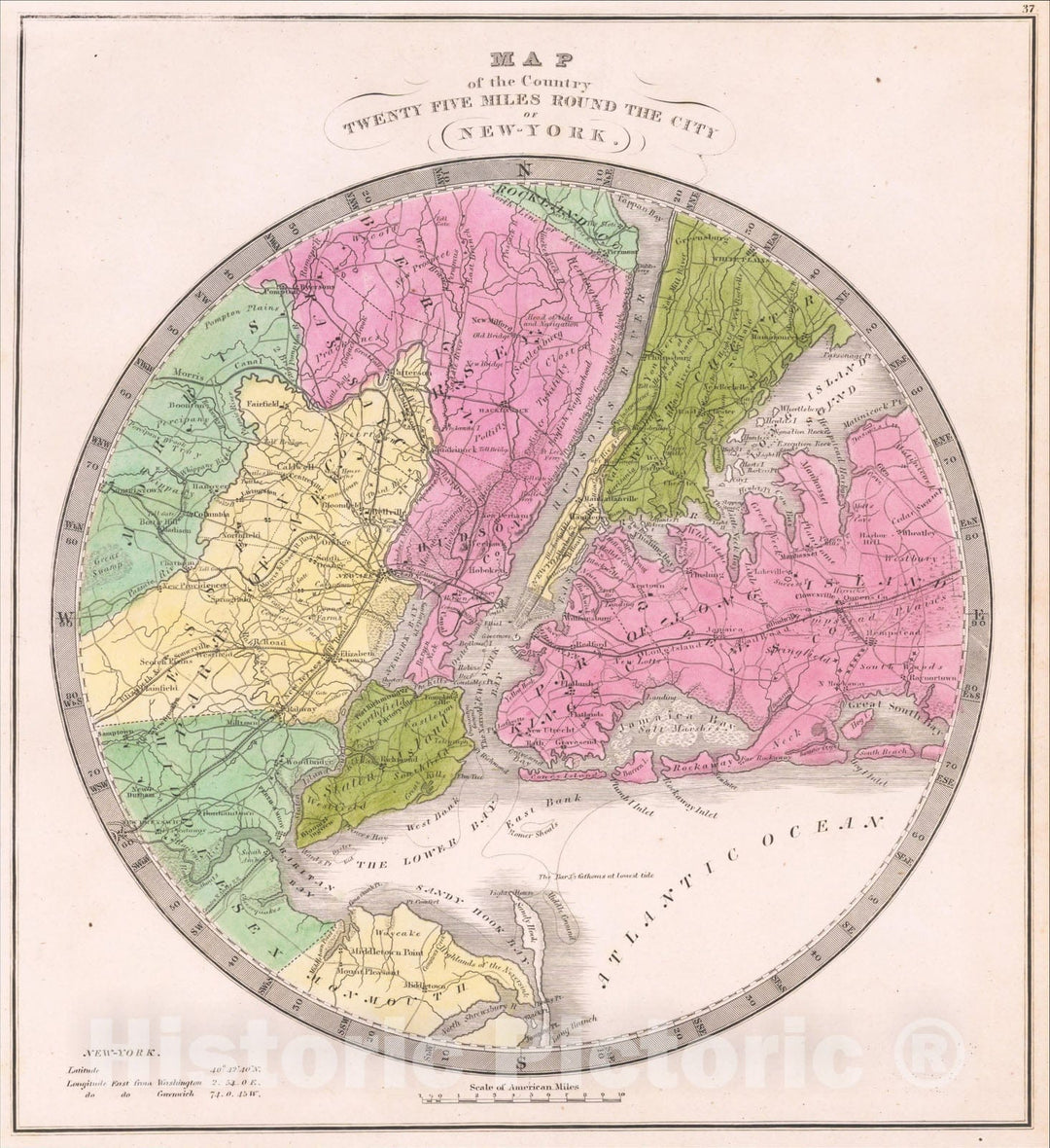 Historic Map : Map of the Country Twenty Five Miles Round The City of New-York, 1834, David Hugh Burr, Vintage Wall Art