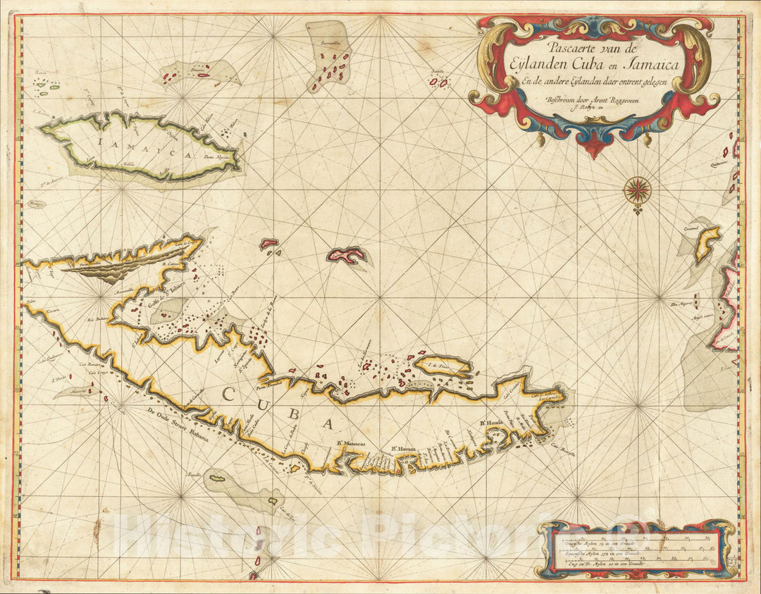 Historic Map : Pascaerte van de Eylanden Cuba en Jamaica (shows the Cayman Islands), 1675, Arent Roggeveen, Vintage Wall Art