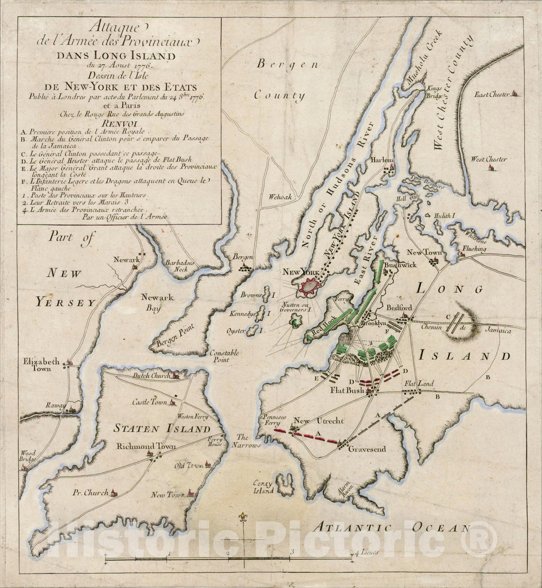 Historic Map : Attaque de l'Armee des Provinciaux dans Long Island du 27 Aoust 1776. Dessin de l'Isle de New-York et des Etats Publie, 1776, , Vintage Wall Art