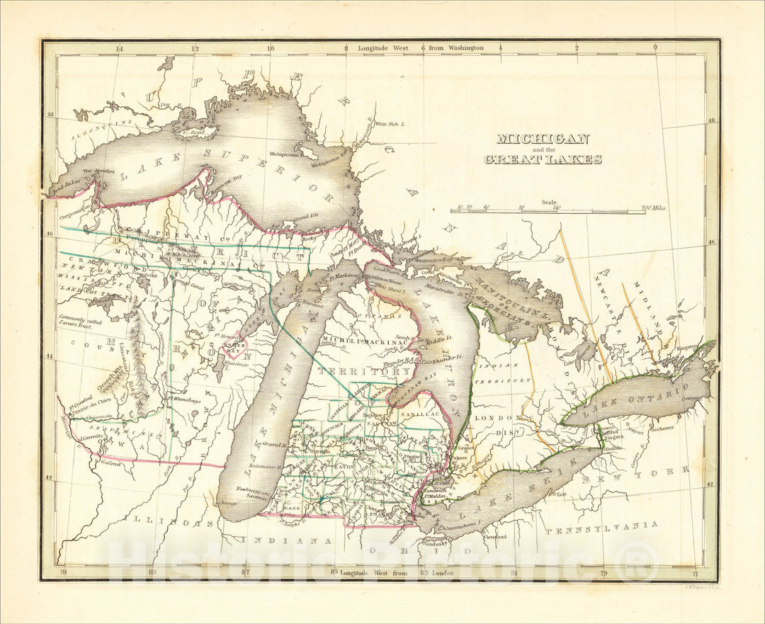 Historic Map : Michigan and the Great Lakes, 1835, Thomas Gamaliel Bradford, Vintage Wall Art