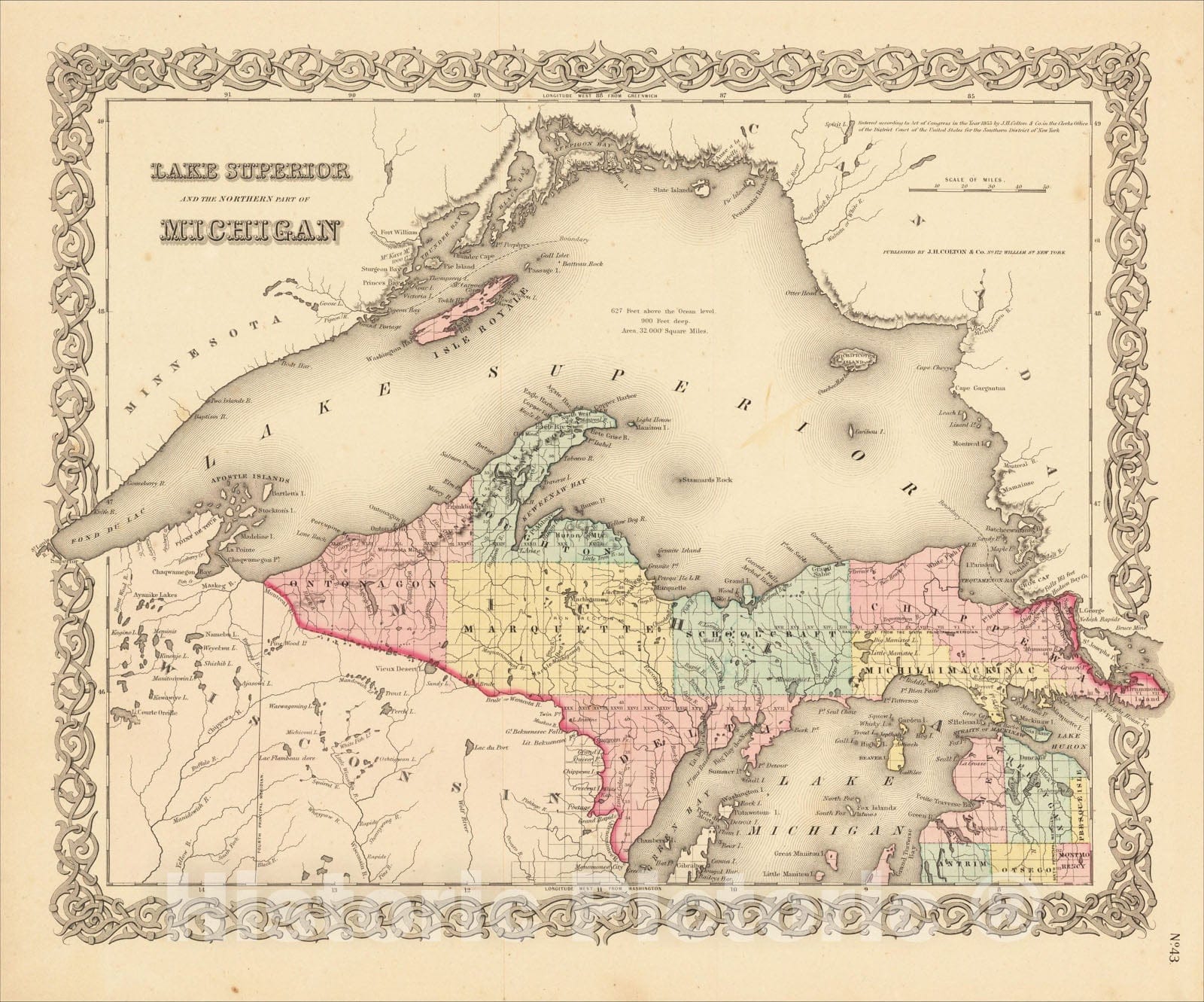 Historic Map : Lake Superior and the Northern Part of Michigan, 1859, Joseph Hutchins Colton, v2, Vintage Wall Art