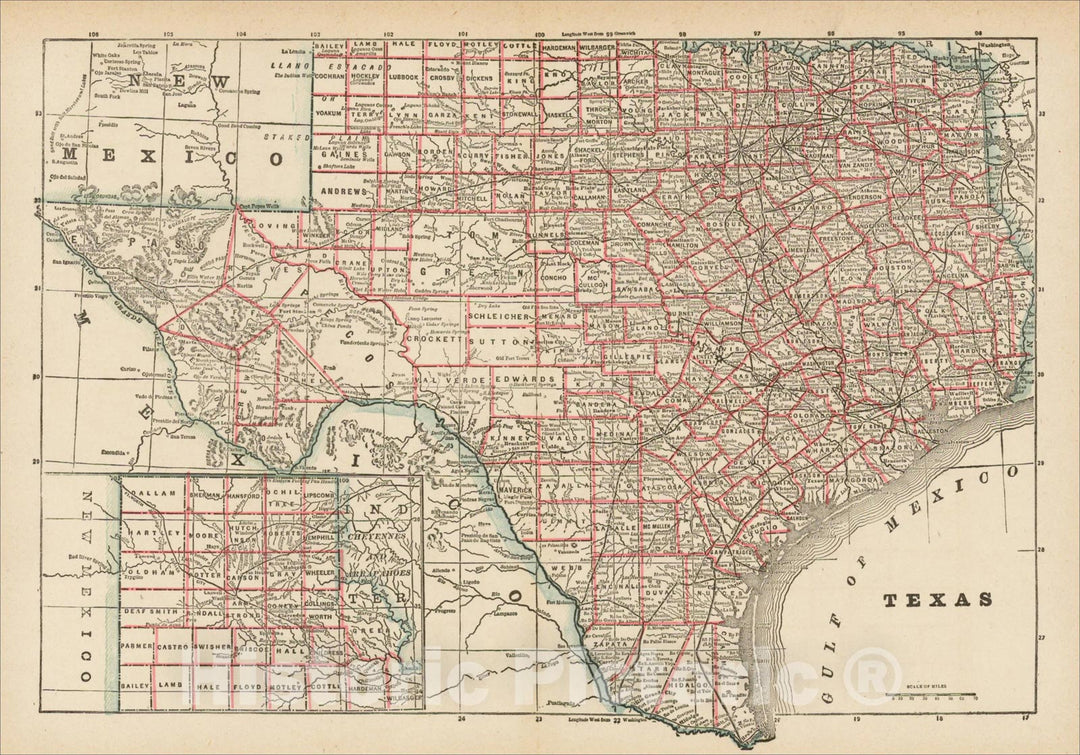 Historic Map : Texas, c1890, People's Publishing Co., Vintage Wall Art