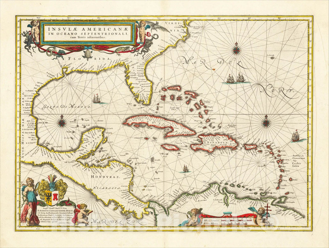 Historic Map : Insulae Americanae in Oceano Septentrionali cum Terris adiacentibus, 1635, Willem Janszoon Blaeu, v1, Vintage Wall Art