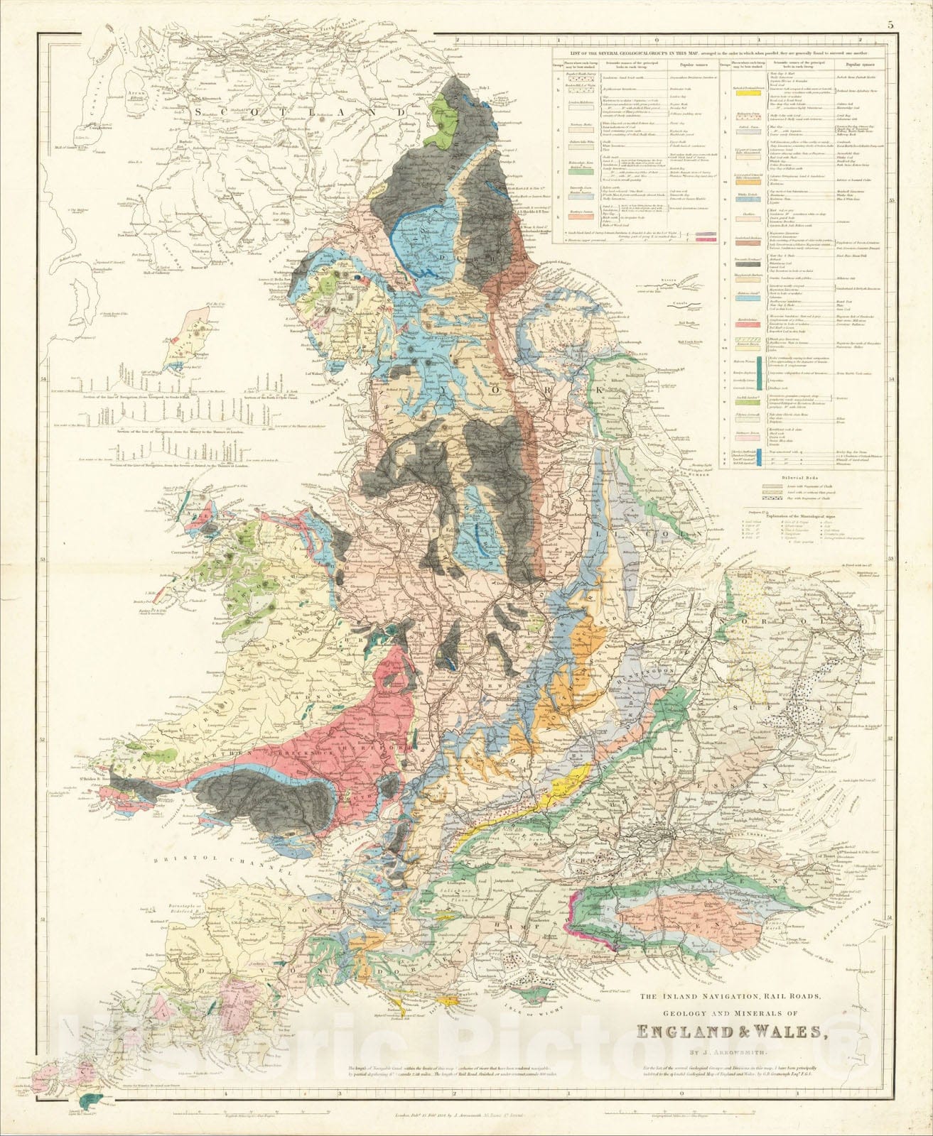 Historic Map : The Inland Navigation, Rail Roads, Geology and Minerals of England and Wales , 1834, John Arrowsmith, Vintage Wall Art