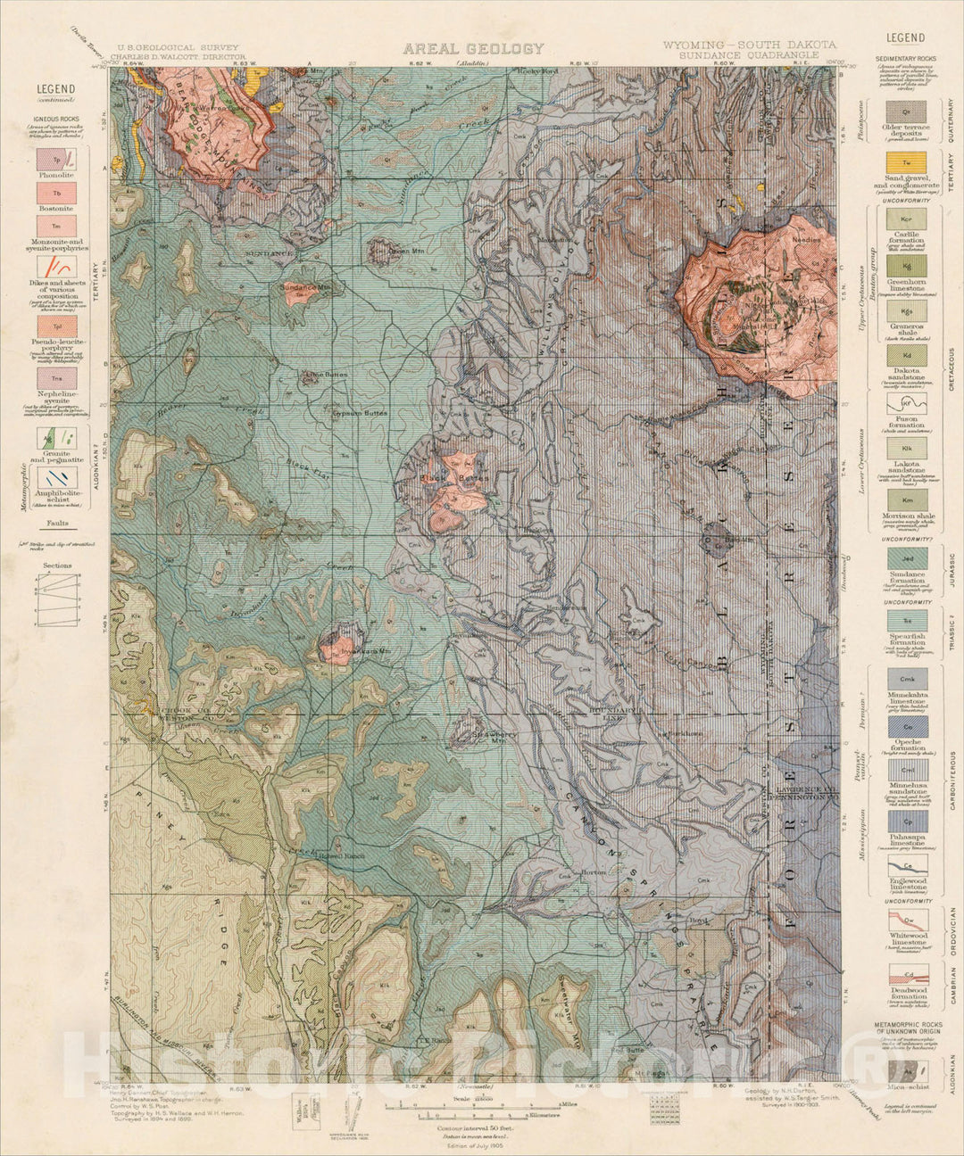 Historic Map : Wyoming South Dakota Sundance Quadrangle -- Areal Geology, 1905, U.S. Geological Survey, Vintage Wall Art