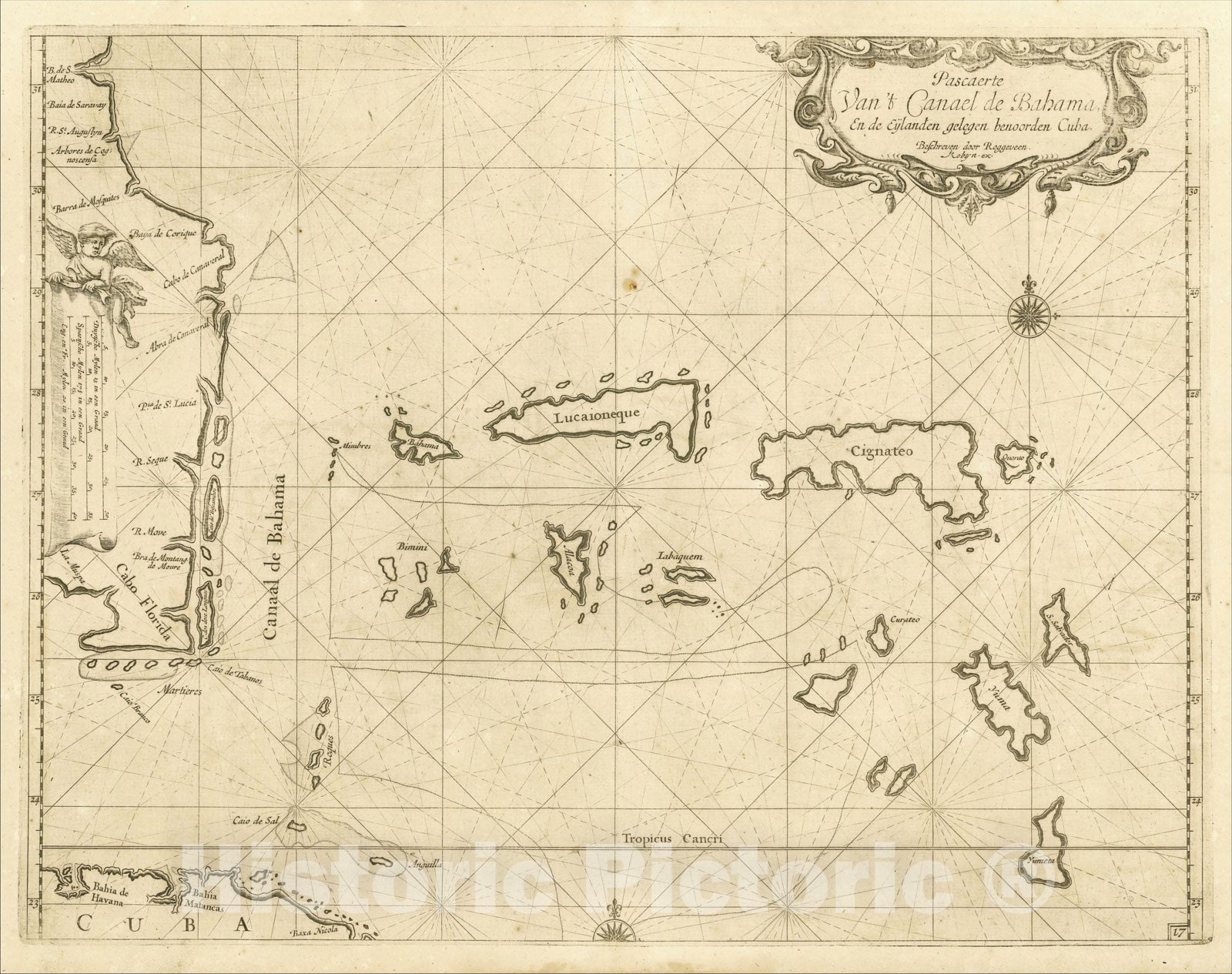 Historic Map : Pascaerte Van't Canael de Bahama, en de Eylanden gelegen benoorden Cuba. Beschreven door Roggeveen., 1678, Arent Roggeveen, v2, Vintage Wall Art