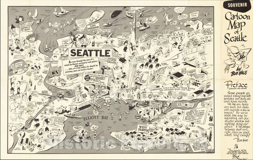 Historic Map : Souvenir Cartoon Map of Seattle by Bob Hale, 1952, , Vintage Wall Art