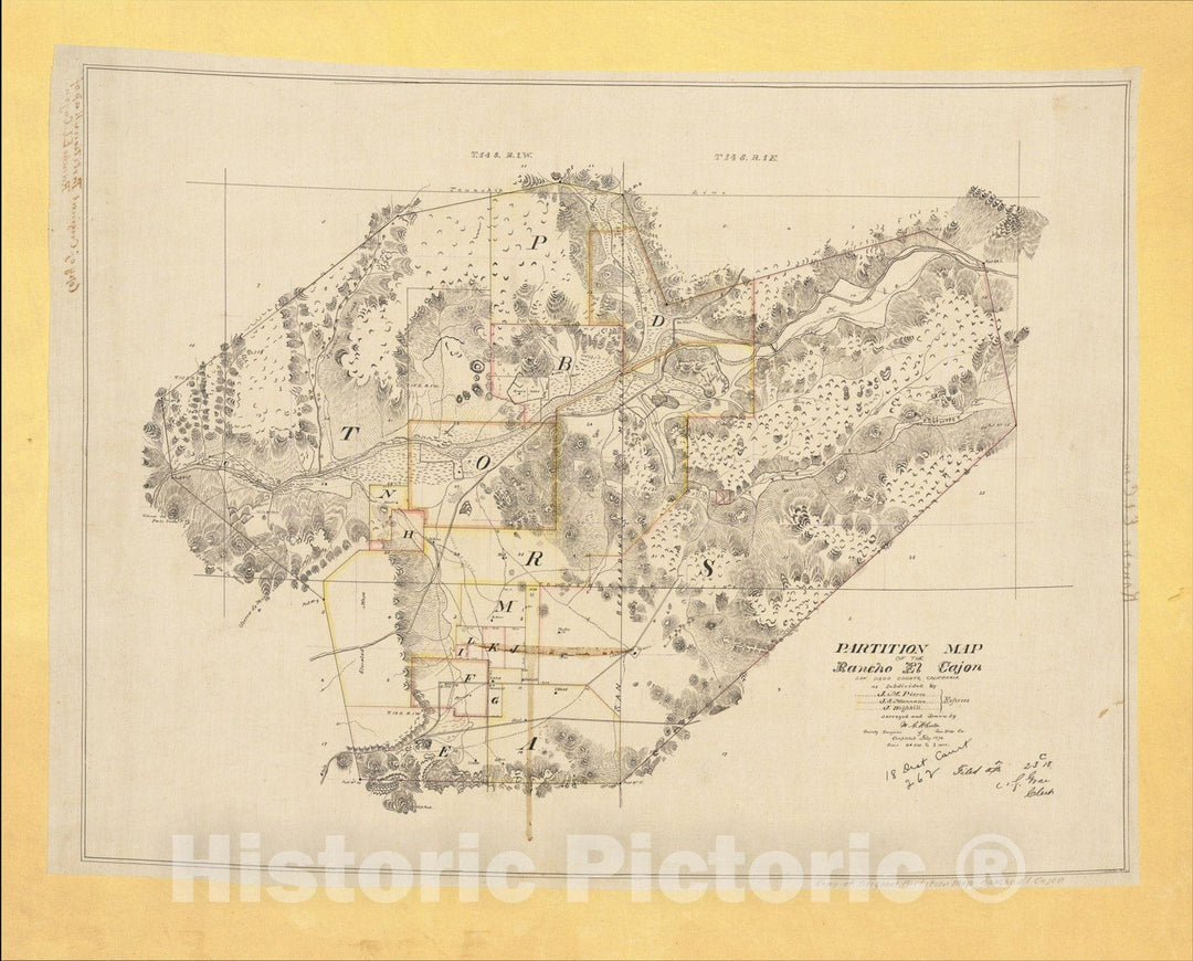 Historic Map : Partition Map of Rancho El Cajon San Diego County, Caifornia, 1874, M. G. Wheeler, Vintage Wall Art