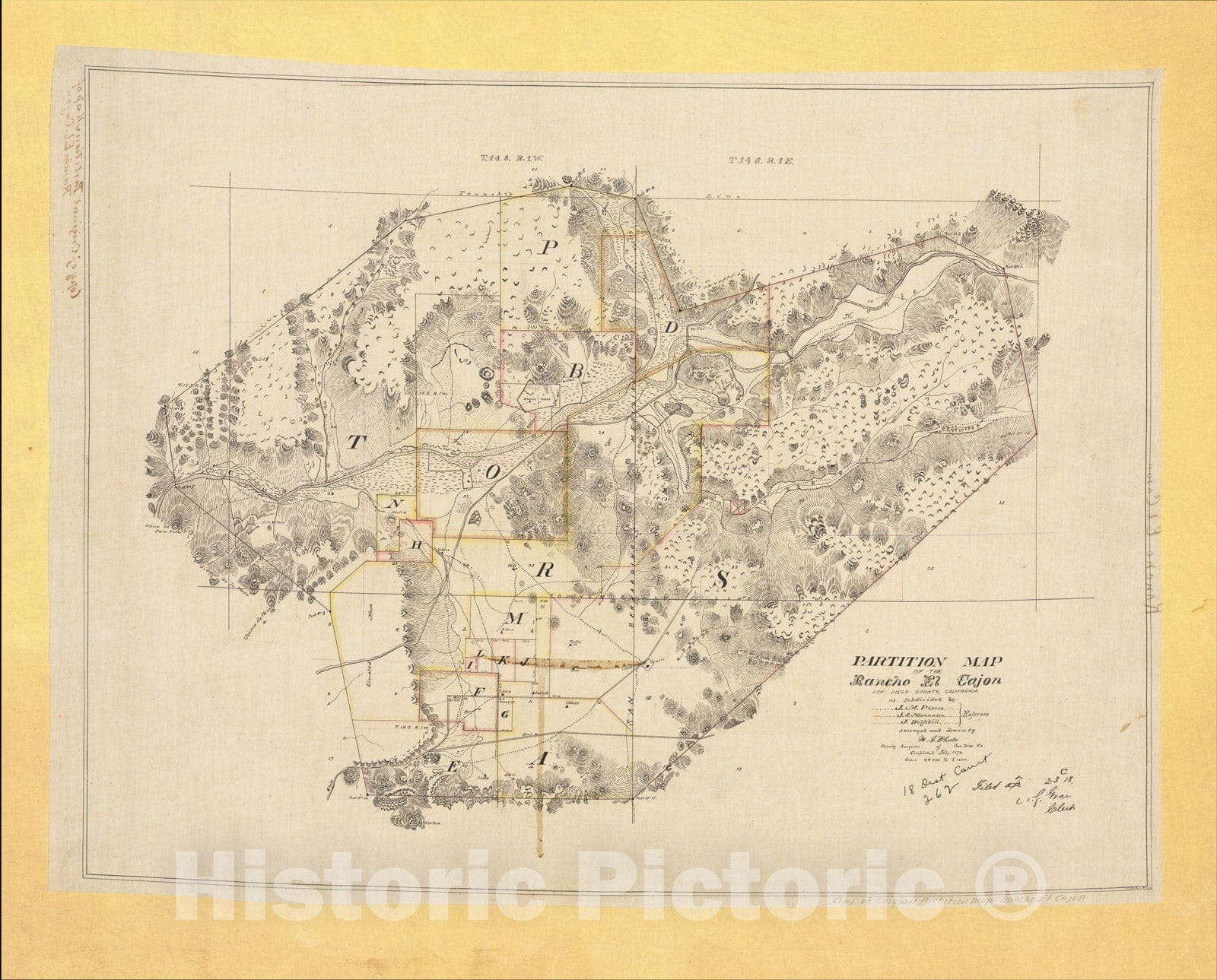 Historic Map : Partition Map of Rancho El Cajon San Diego County, Caifornia, 1874, M. G. Wheeler, Vintage Wall Art