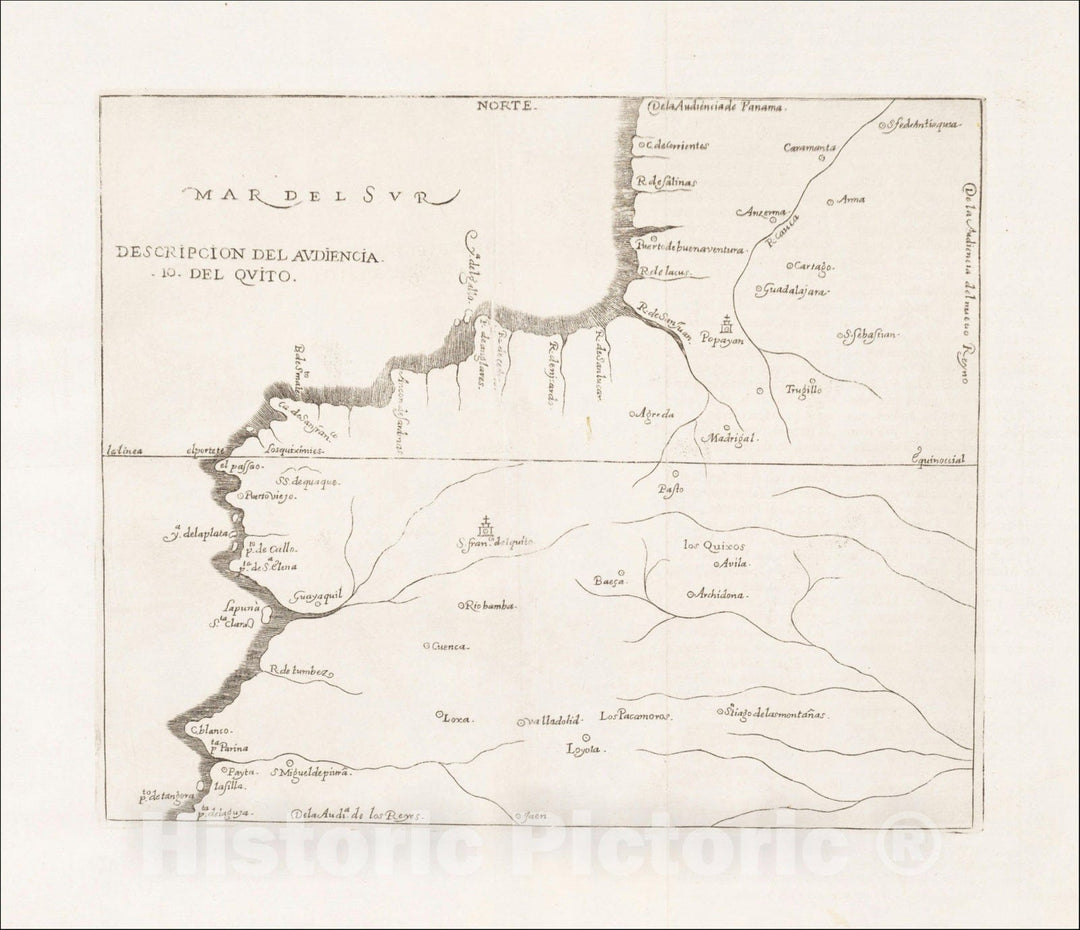 Historic Map : (Colombia & Ecuador) Descripcion Del Audiencia Del Quito, 1666, Antonio de Herrera y Tordesillas, Vintage Wall Art