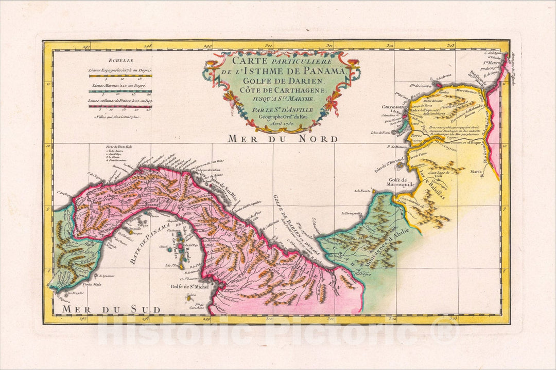 Historic Map : Carte particuli?e de l'isthme de Panama, golfe de Darien, c?e de Carthagene, jusqu'?Ste Marthe, 1730, , Vintage Wall Art