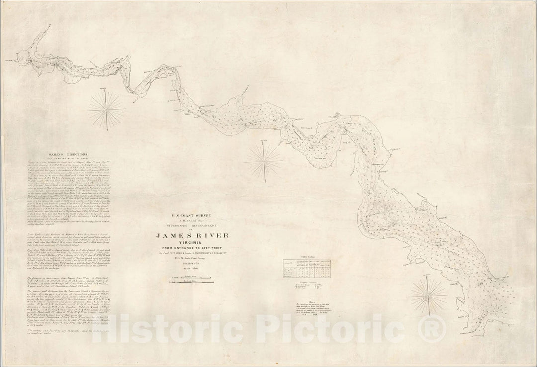 Historic Map : Hydrographic Reconnaissance of James River Virginia From Entrance to City Point, c1861, United States Coast Survey, v2, Vintage Wall Art