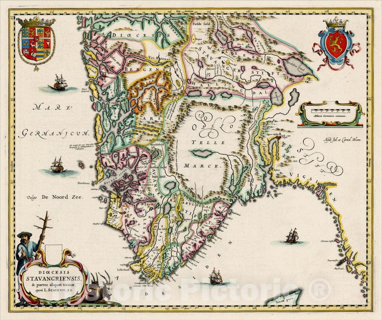 Historic Map : Dioecesis Stavangriensis, and partes aliquot vicinae, oera L. Scavenii S.S. (Blaeu's first map of Norway), 1638, , Vintage Wall Art