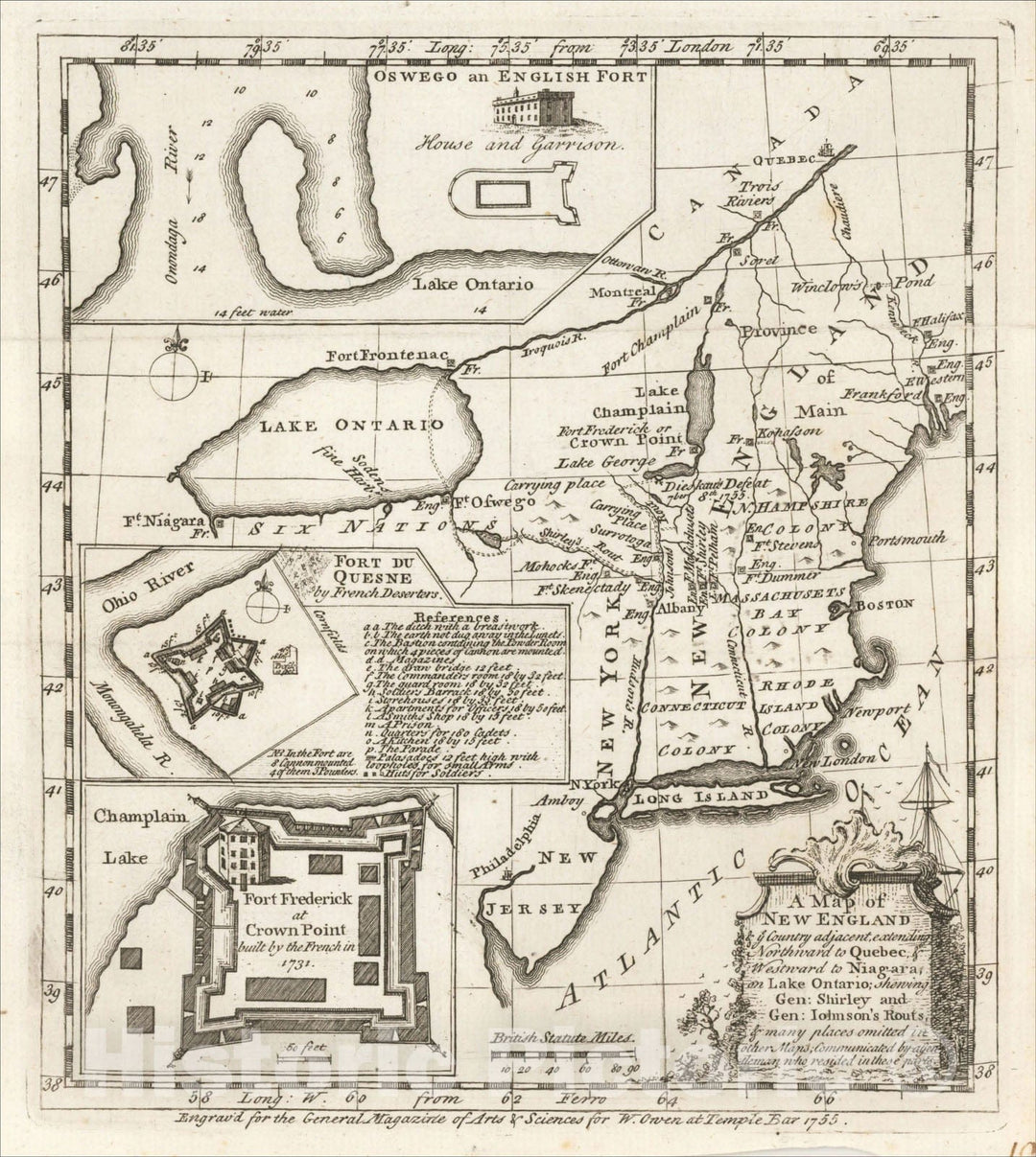 Historic Map : A Map of New England & ye Country adjacent, extending Northward to Quebec & Westward to Niagara, on Lake Ontario, 1755, General Magazine, Vintage Wall Art