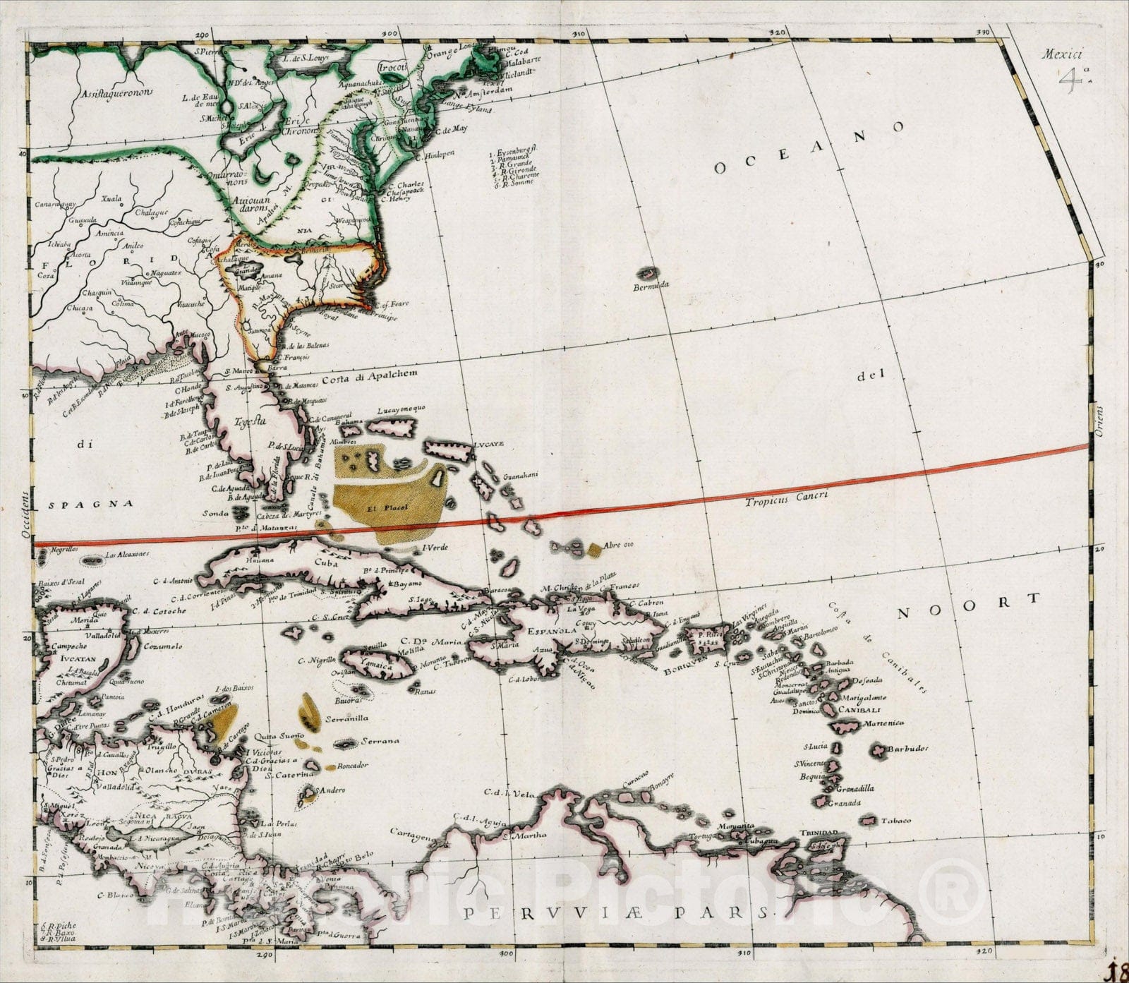 Historic Map : [Eastern Seaboard from Cape Cod to Florida, Gulf Coast and Caribbean], 1671, Giovanni Battista Nicolosi, Vintage Wall Art