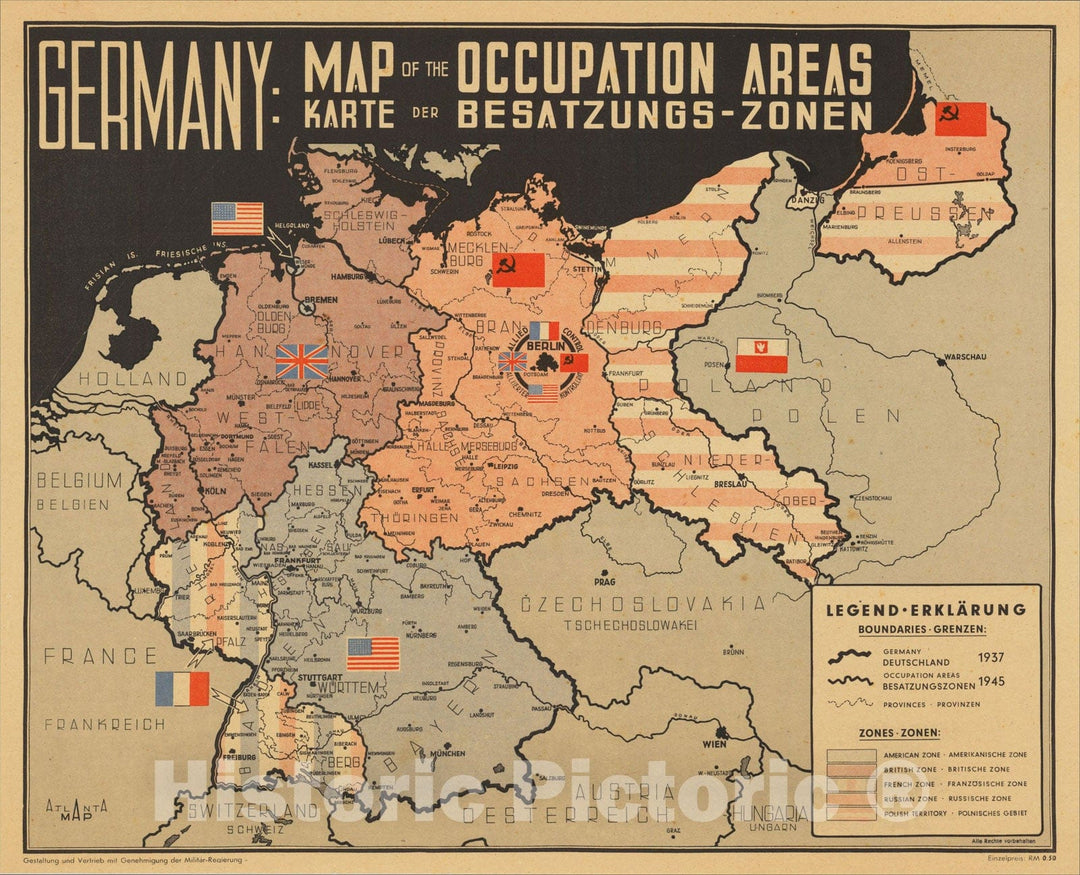 Historic Map : Germany: Map of the Occupation Areas - Karte Der Besatzungs-Zonen, 1945, Atlanta Map, Vintage Wall Art