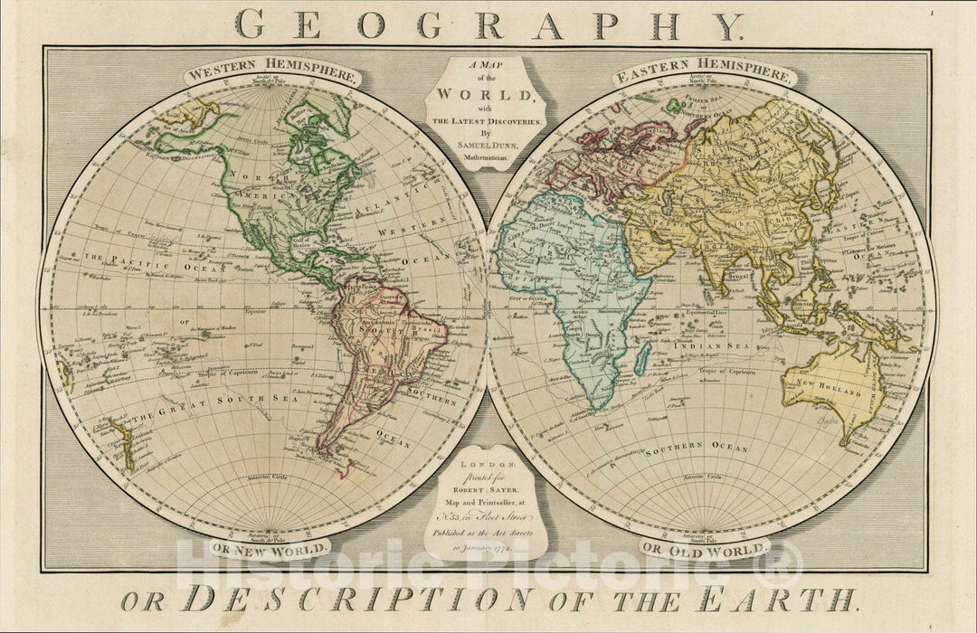 Historic Map : A Map of the World, with The Latest Discoveries, 1774, 1774, Samuel Dunn, Vintage Wall Art