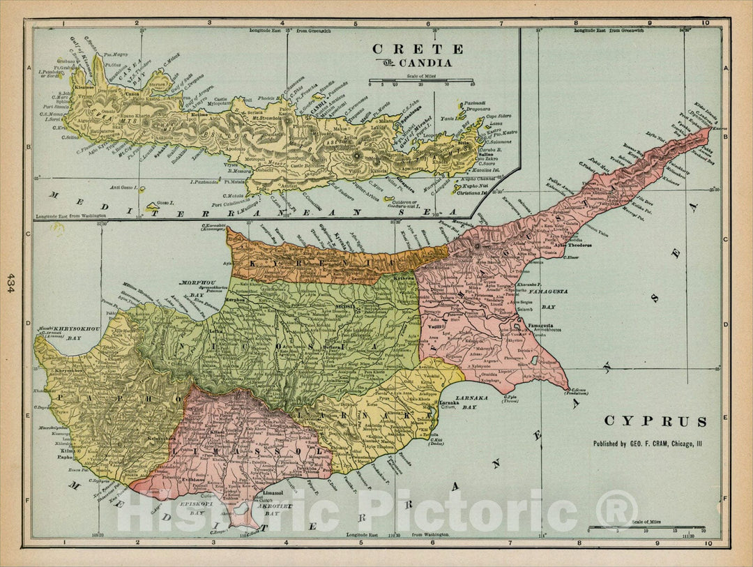 Historic Map : Cyprus, c1890, George F. Cram, v1, Vintage Wall Art