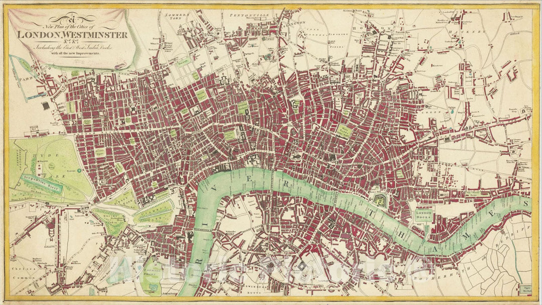 Historic Map : A New Plan of the Cities of London, Westminster &c. Including the East and West India Docks with all the new Improvements., c1810, Thomas Tegg, Vintage Wall Art