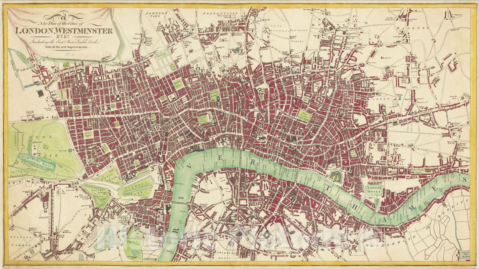 Historic Map : A New Plan of the Cities of London, Westminster &c. Including the East and West India Docks with all the new Improvements., c1810, Thomas Tegg, Vintage Wall Art