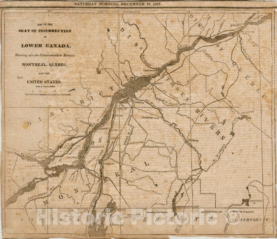 Historic Map : Map of the Seat of Insurrection in Lower Canada, Showing also the Communication Between Montreal, Quebec and the United States, 1837, Anonymous, Vintage Wall Art