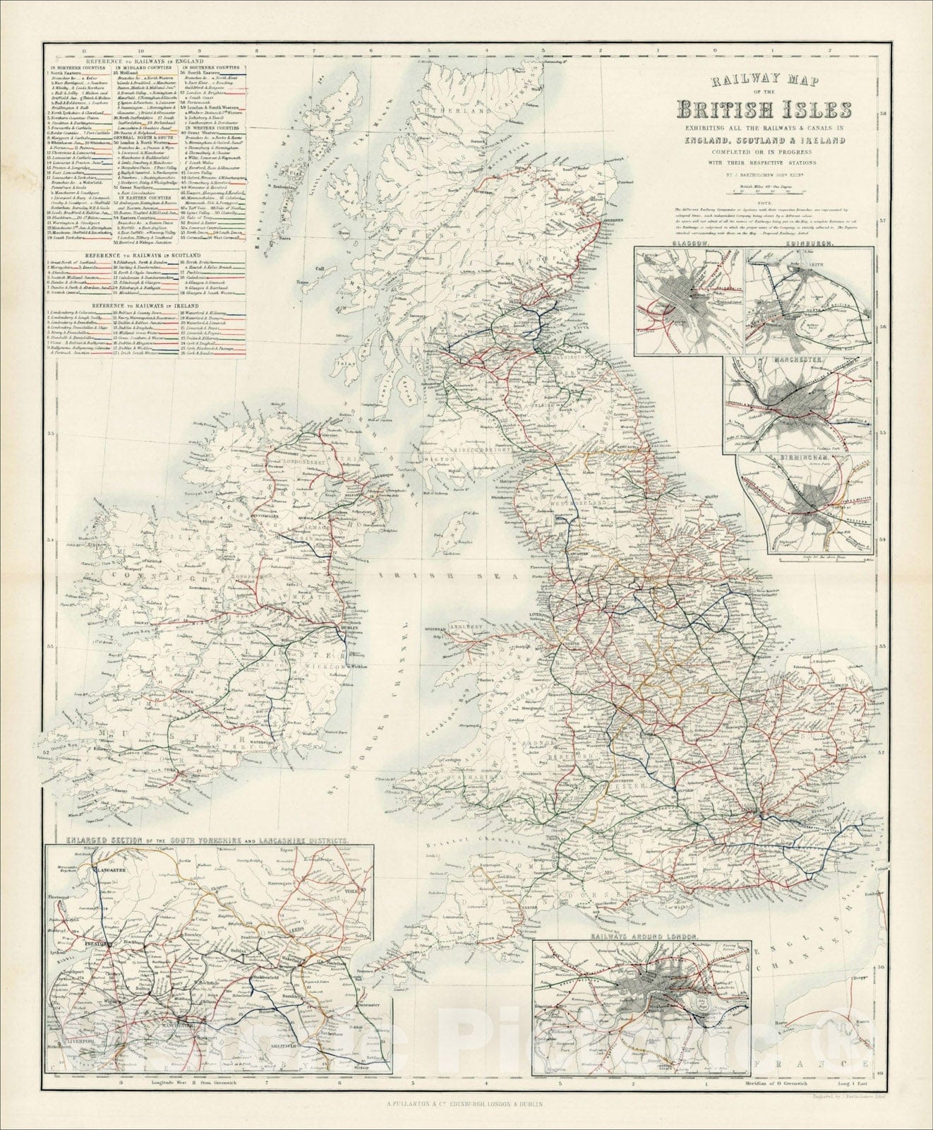 Historic Map : Railway Map of the British Isles Exhibiting All The Railways & Canals In England, Scotland & Ireland, 1854, Archibald Fullarton & Co., Vintage Wall Art