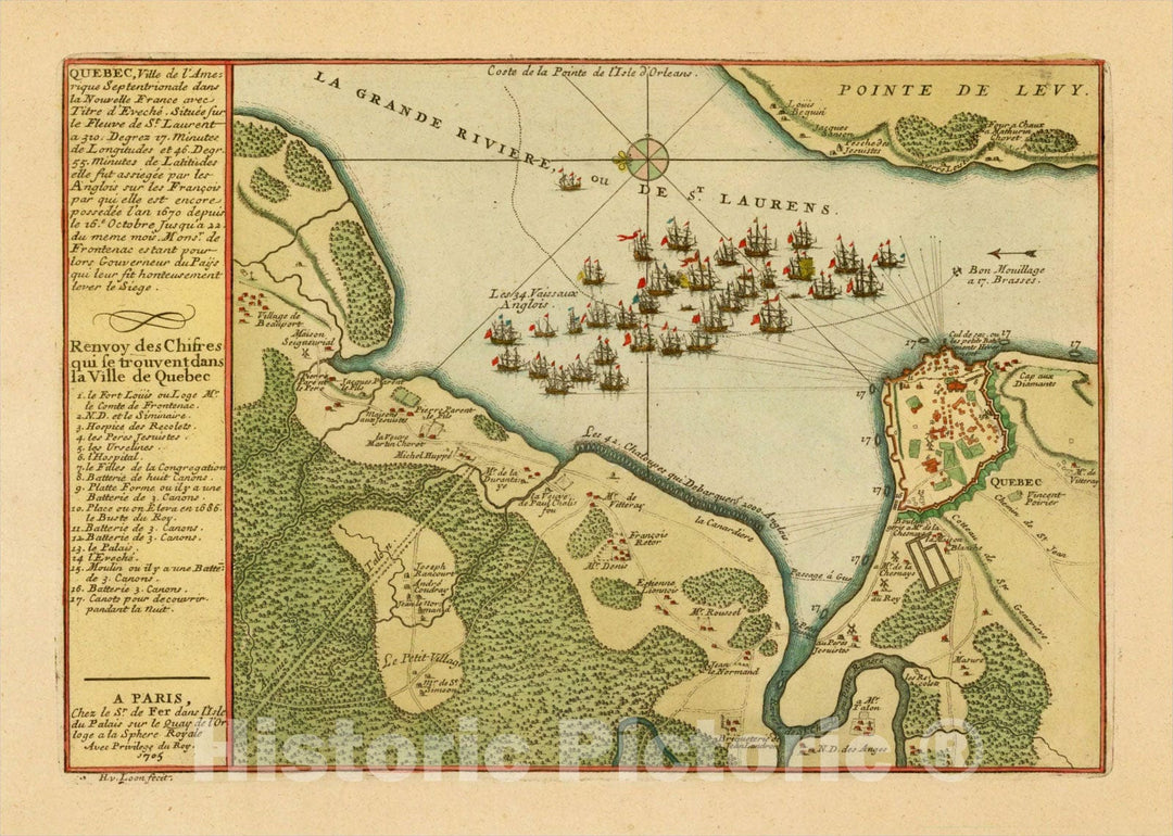 Historic Map : Quebec, Ville de l'Amerique Septentrionale dans la Nouvelle France, 1694, 1705, Nicolas de Fer, Vintage Wall Art