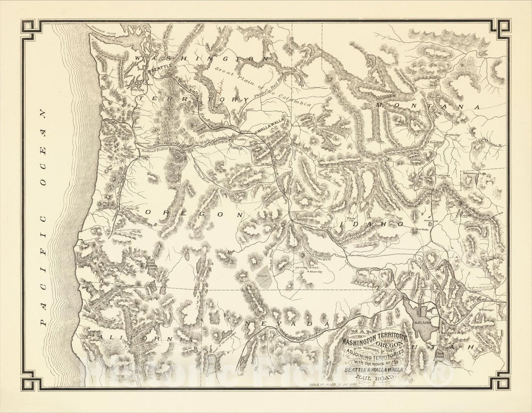 Historic Map : Map of Washington Territory and Oregon with portions of adjoining Territories with the Route of the Seattle & Walla Walla Rail Road, 1875, v1, Vintage Wall Art