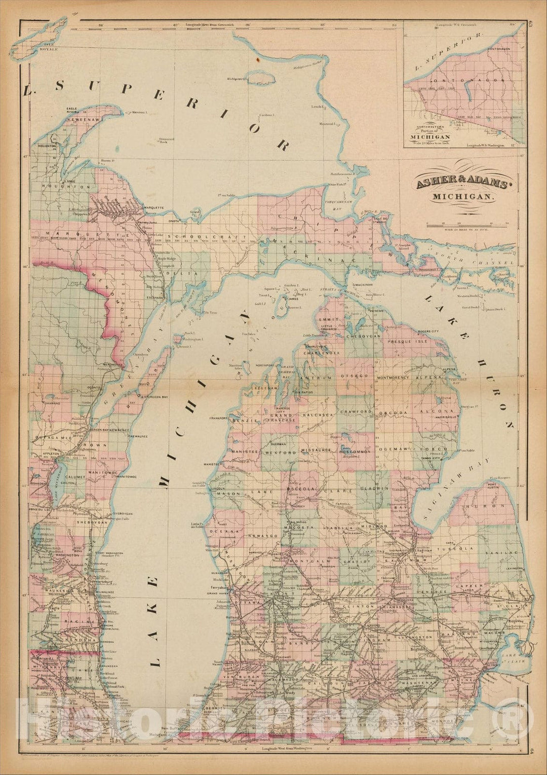 Historic Map : Asher and Adams' Michigan, 1872, Asher, Vintage Wall Art