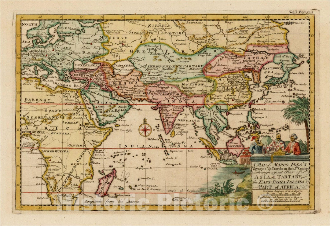 Historic Map : A Map of Marco Polo's Voyages & Travels in the 13th Century trhough a great Part of Asia, the East India Islands & Part of Africa, 1744, Vintage Wall Art