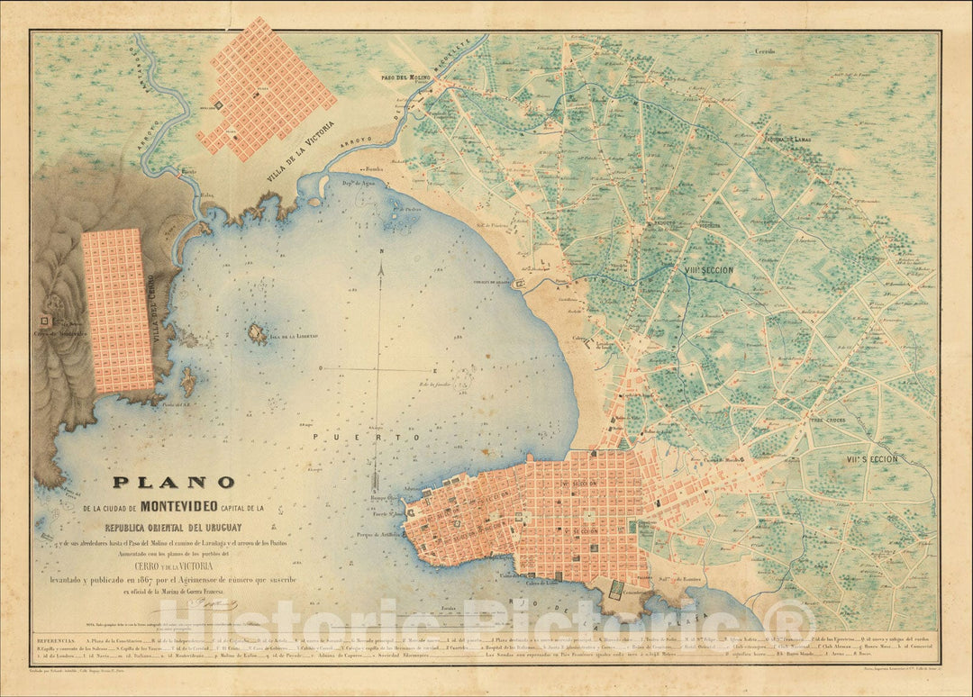 Historic Map : Plano de la Ciudad de Montevideo Capital de la Republica Oriental del Uruguay, c1867, Prosper D'Albenas, Vintage Wall Art