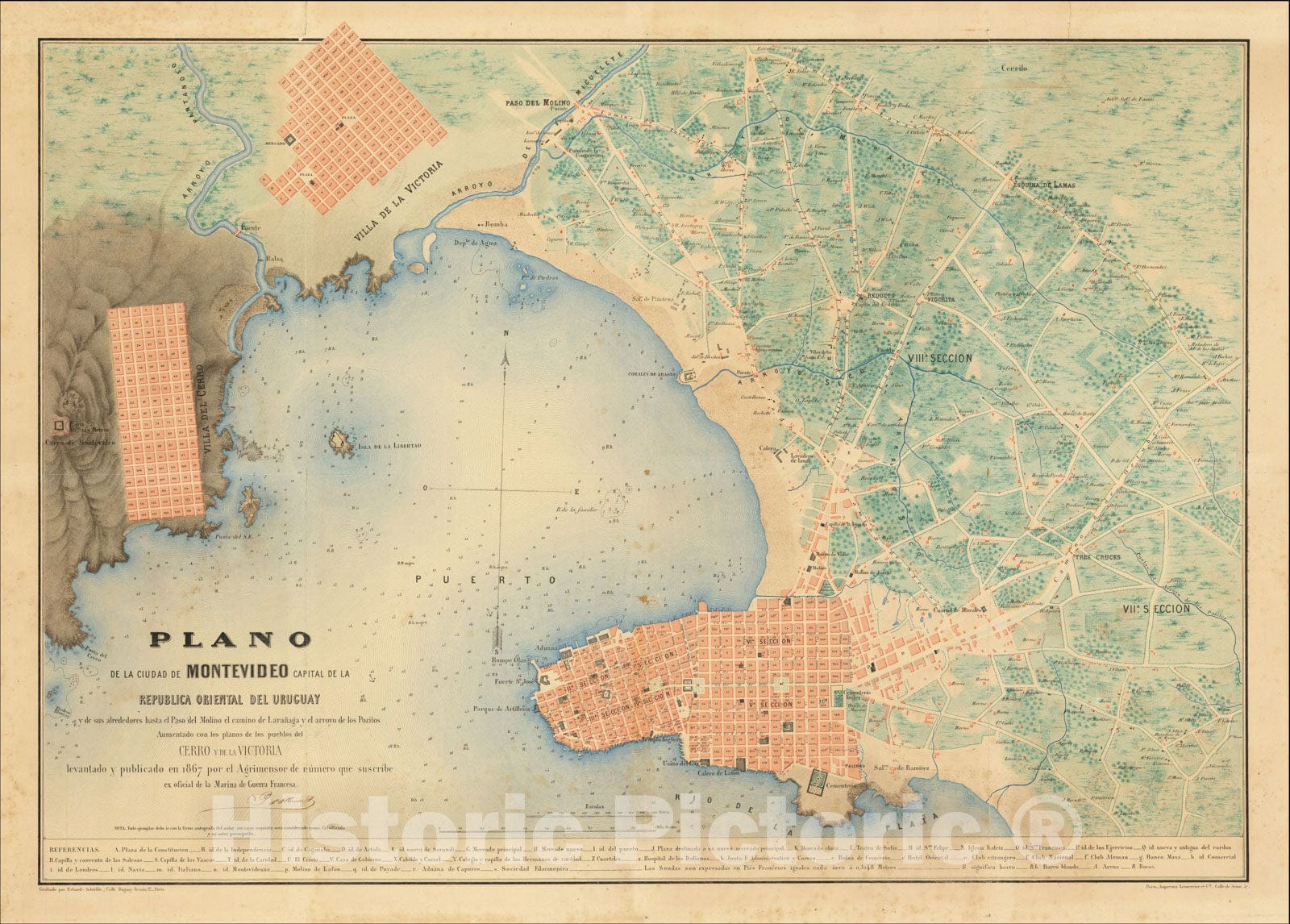 Historic Map : Plano de la Ciudad de Montevideo Capital de la Republica Oriental del Uruguay, c1867, Prosper D'Albenas, Vintage Wall Art