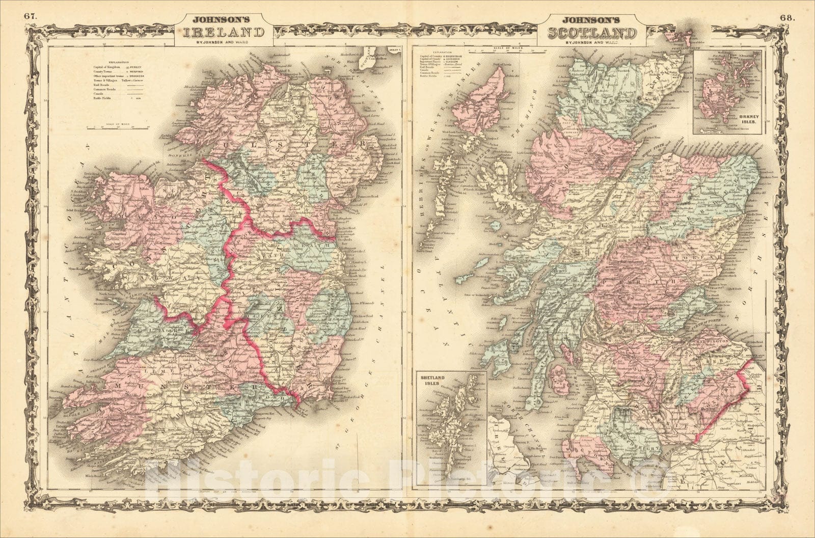 Historic Map : Johnson's Ireland with Johnson's Scotland, 1862, Benjamin P Ward, Vintage Wall Art