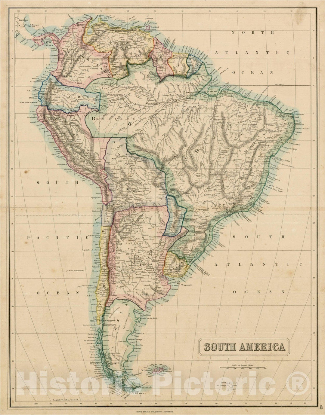 Historic Map : South America, 1848, George Philip, Vintage Wall Art