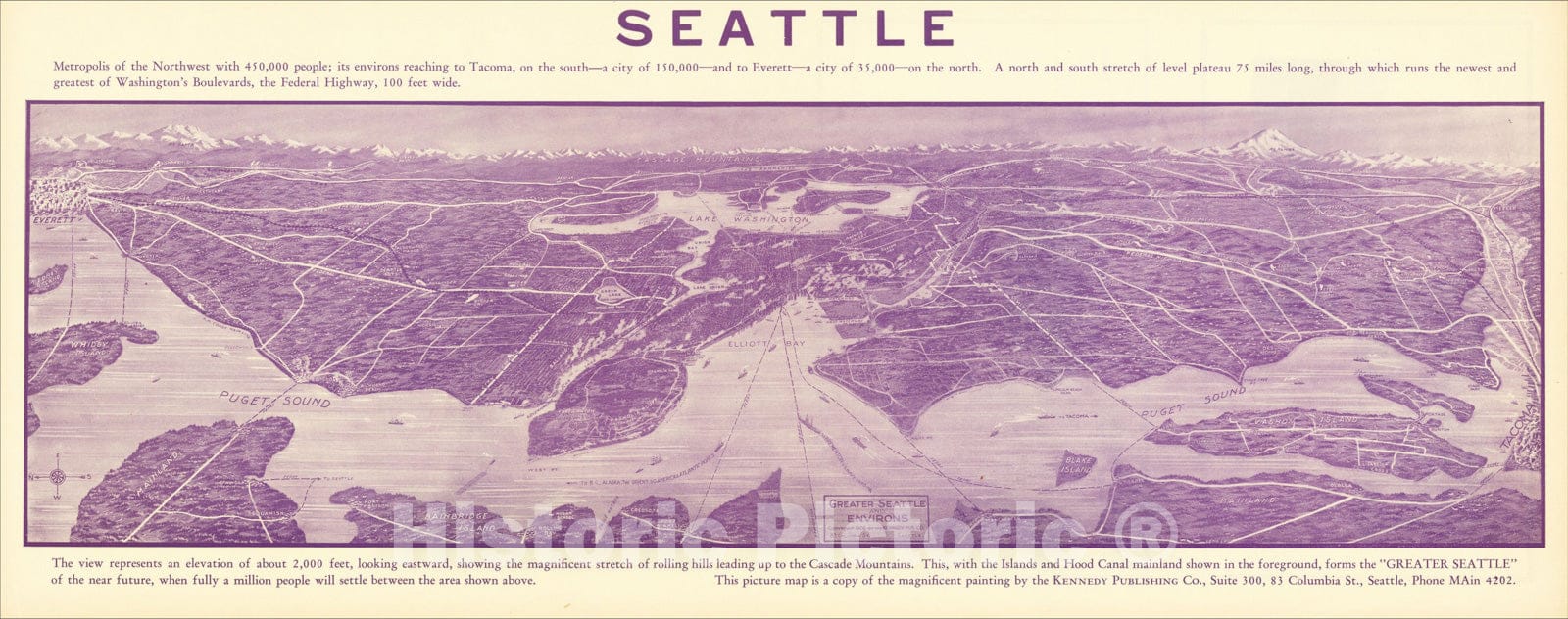 Historic Map : Greater Seattle and Environs, 1926, The Kennedy Co., Vintage Wall Art