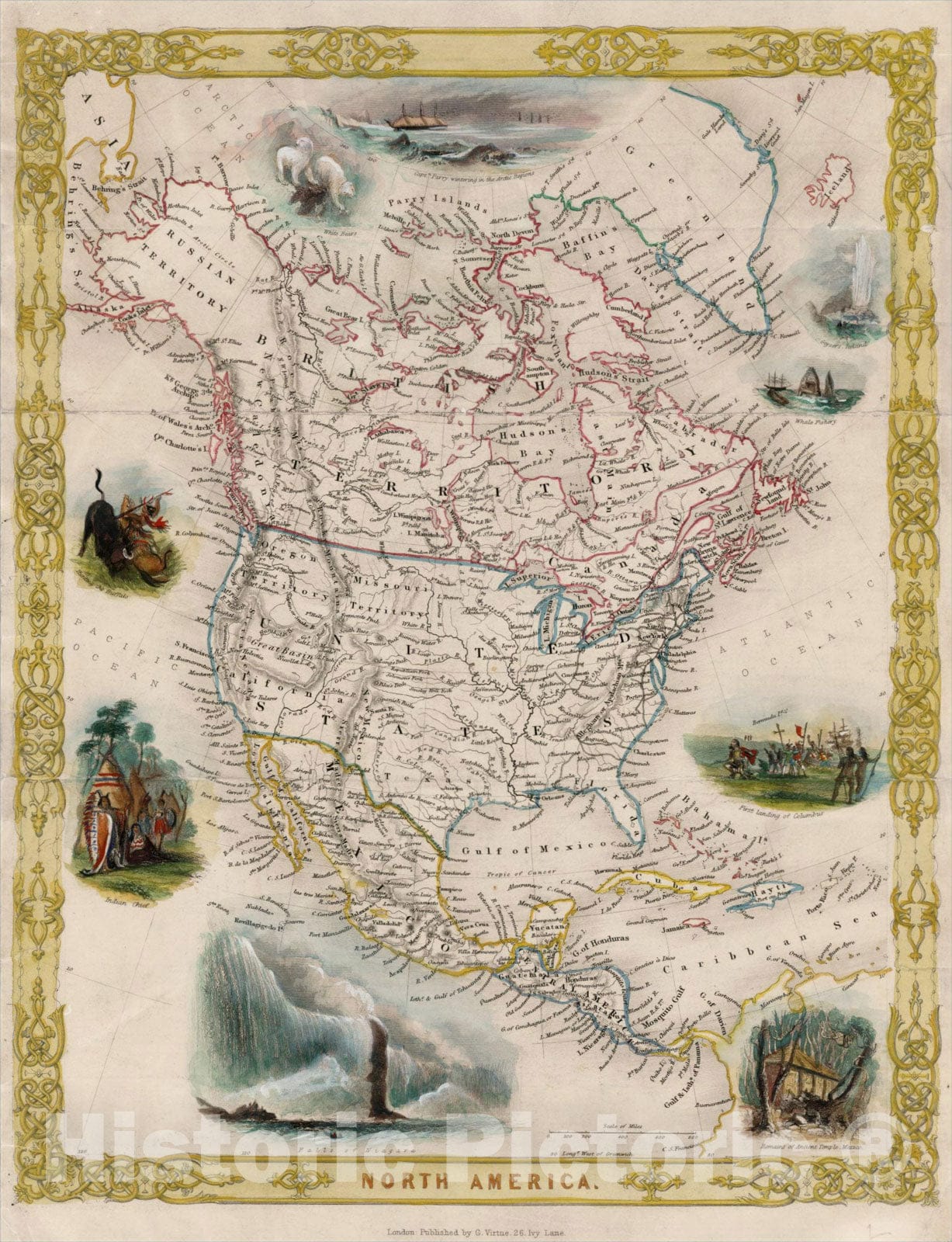 Historic Map : North America (with 9 Vignette Scenes), c1850, George Virtue, Vintage Wall Art