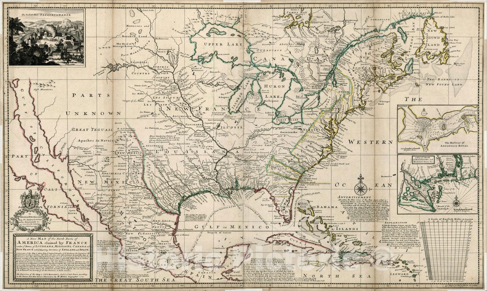 Historic Map : A New Map of the North Parts of America claimed by France under ye Names of Louisiana, Mississipi, Canada and New France, 1730, , Vintage Wall Art