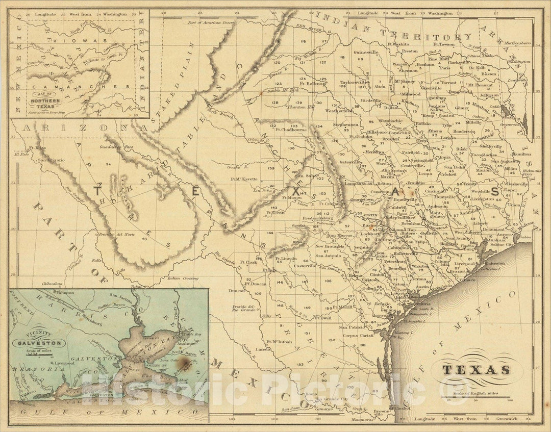 Historic Map : Texas, c1855, William McNally, Vintage Wall Art