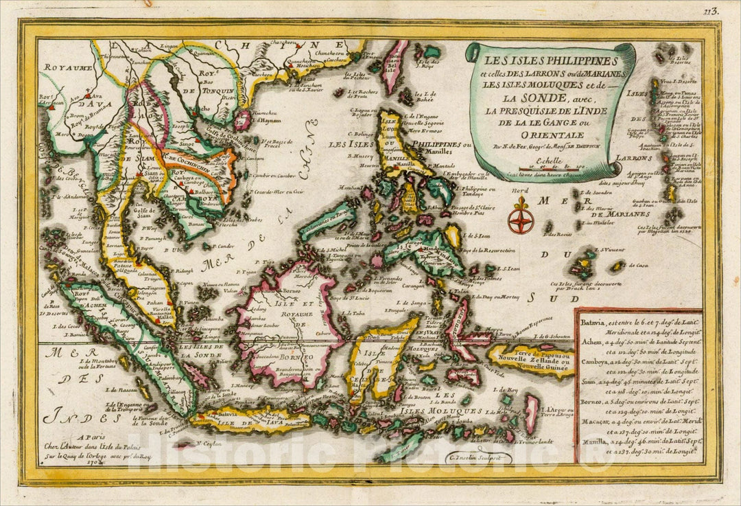 Historic Map : Les Isles Philippines et celles Des Larrons ou de Marianes Les Isles Moluquest et de La Sonde, 1705, Nicolas de Fer, Vintage Wall Art