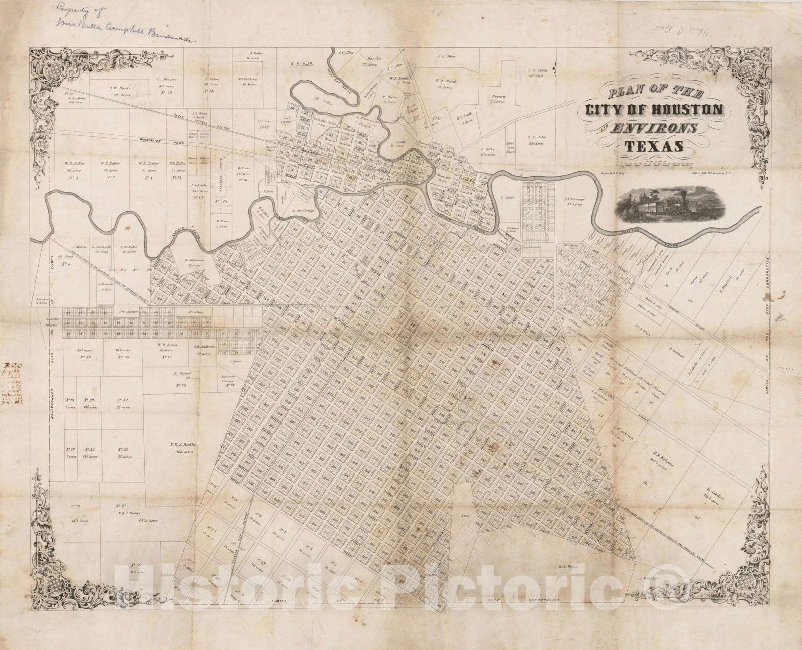 Historic Map : Plan of the City of Houston and Environs, Texas, 1858, Edward Fairfax Gray, Vintage Wall Art