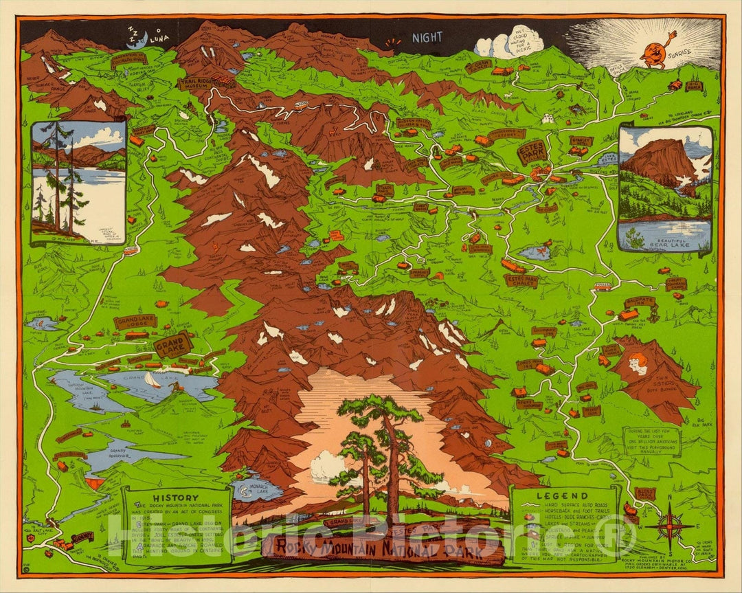 Historic Map : Rocky Mountain National Park, 1948, Rocky Mountain Motor Co., Vintage Wall Art